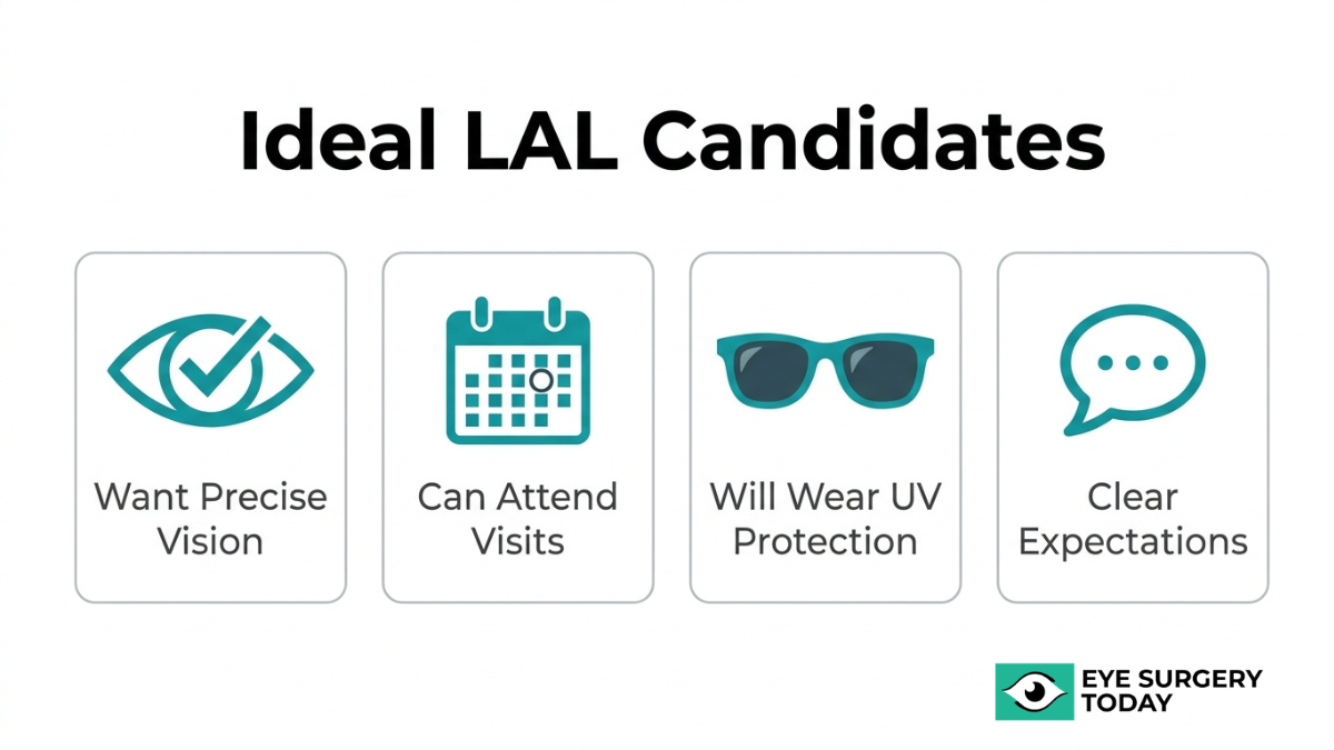 Ideal candidates for light adjustable lens including patients seeking precise vision, able to attend follow-ups, and willing to wear UV protection