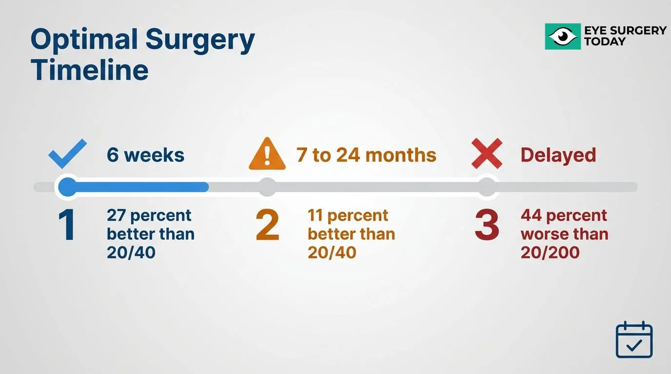 Infant cataract surgery timing infographic comparing surgery at 6 weeks, 7 to 24 months, and delayed treatment with associated visual outcomes.