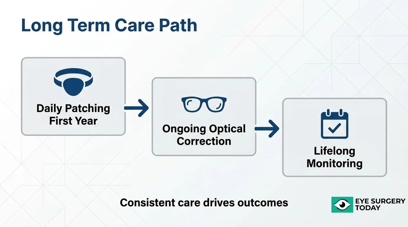 Long-term care path after infant cataract surgery showing daily patching during the first year, ongoing optical correction, and lifelong monitoring.