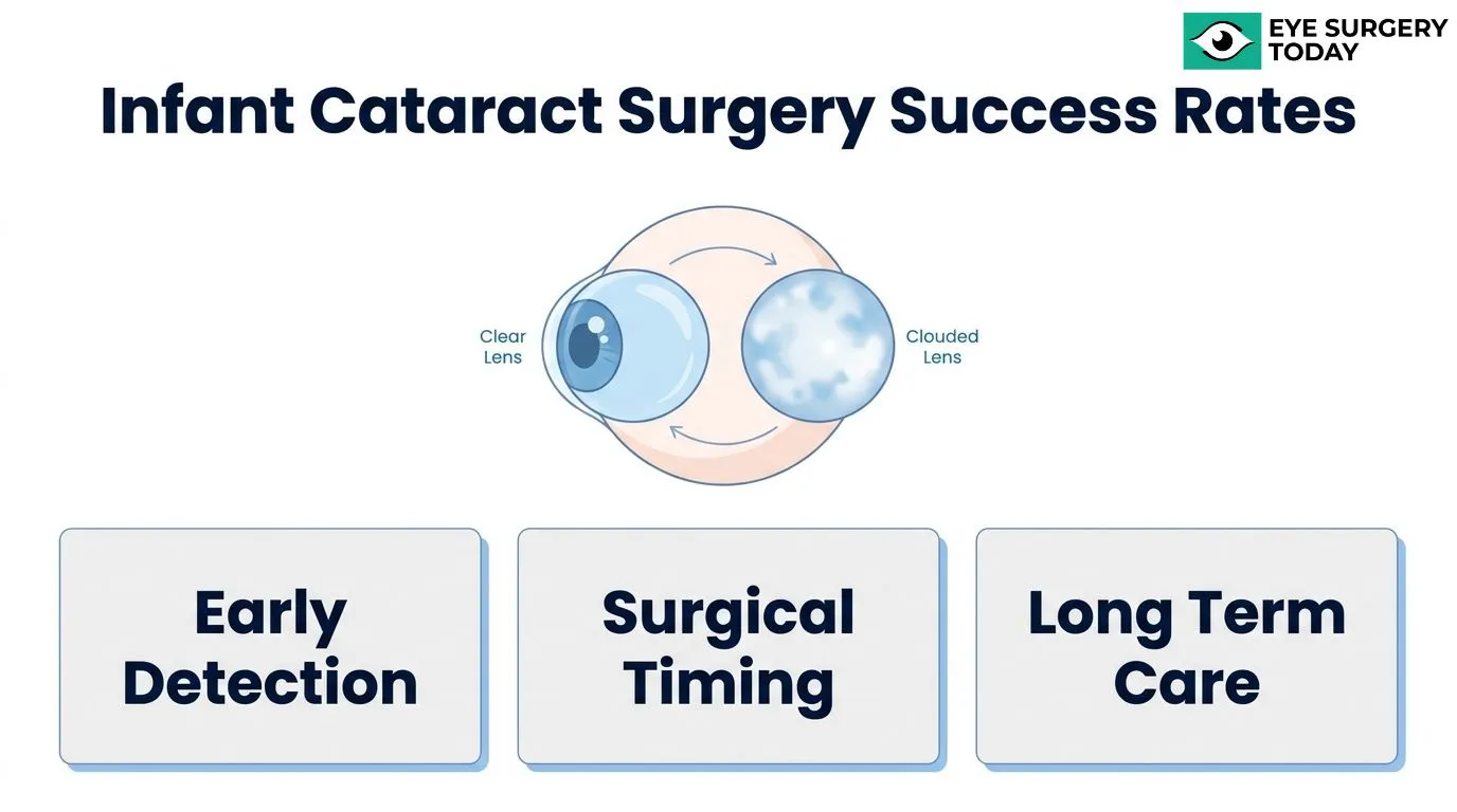 Infant cataract surgery success factors highlighting early detection, appropriate surgical timing, and long-term follow-up care.
