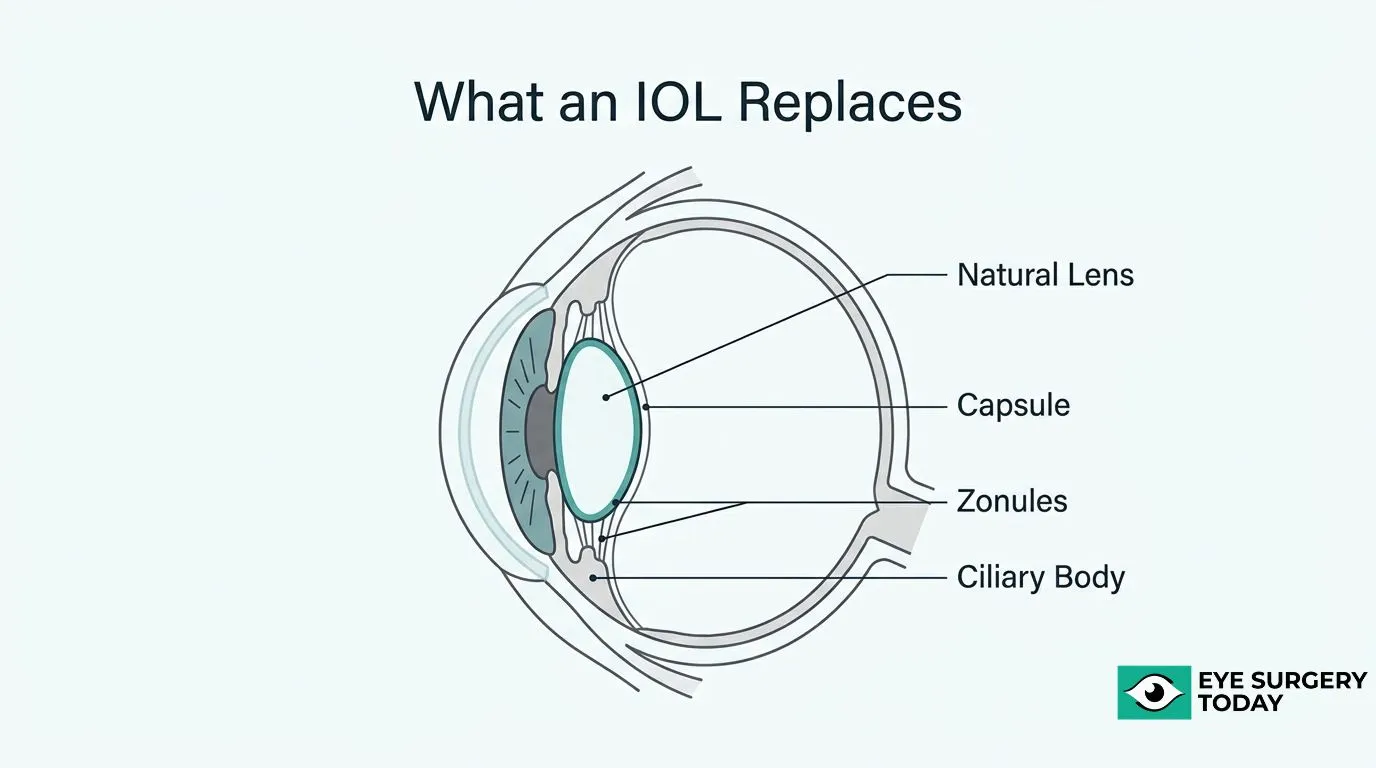 Eye anatomy diagram showing how an intraocular lens replaces the natural lens during cataract surgery.