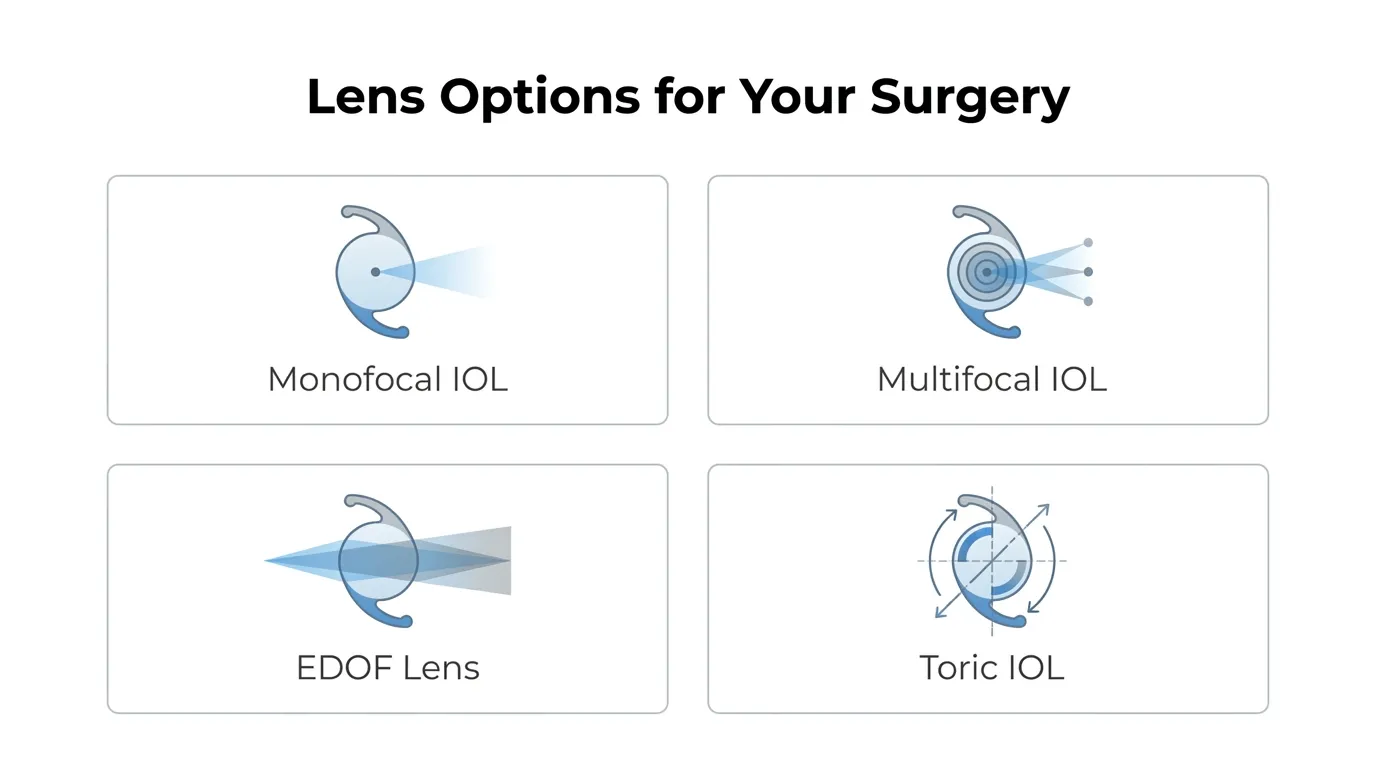 Comparison of intraocular lens options for cataract surgery, including monofocal, multifocal, extended depth of focus, and toric IOLs.