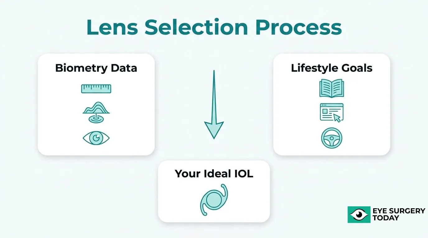 Intraocular lens selection process showing how biometry data and lifestyle goals help determine the ideal IOL for cataract surgery.