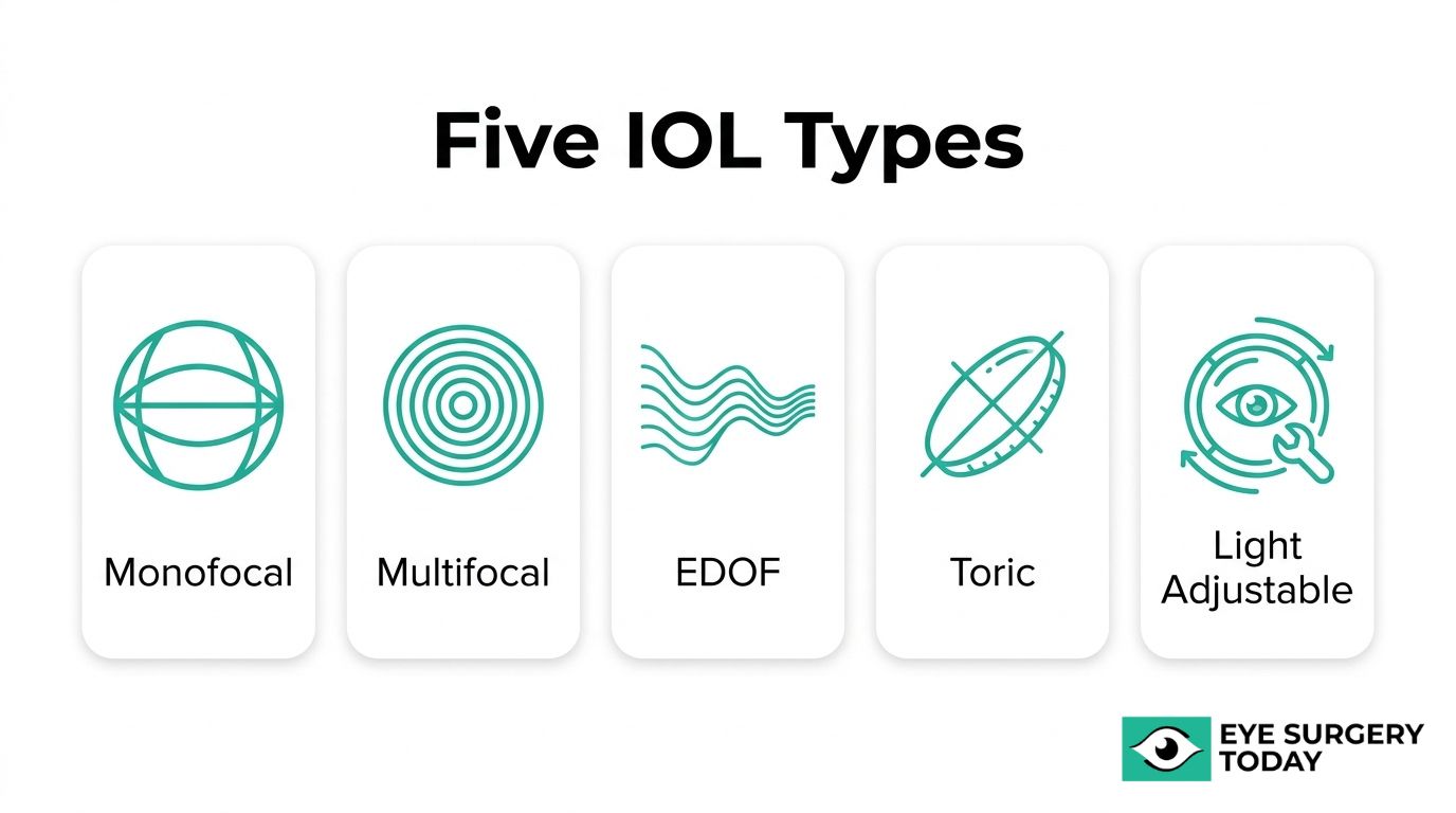Five intraocular lens types graphic showing monofocal, multifocal, EDOF, toric, and light adjustable lenses.
