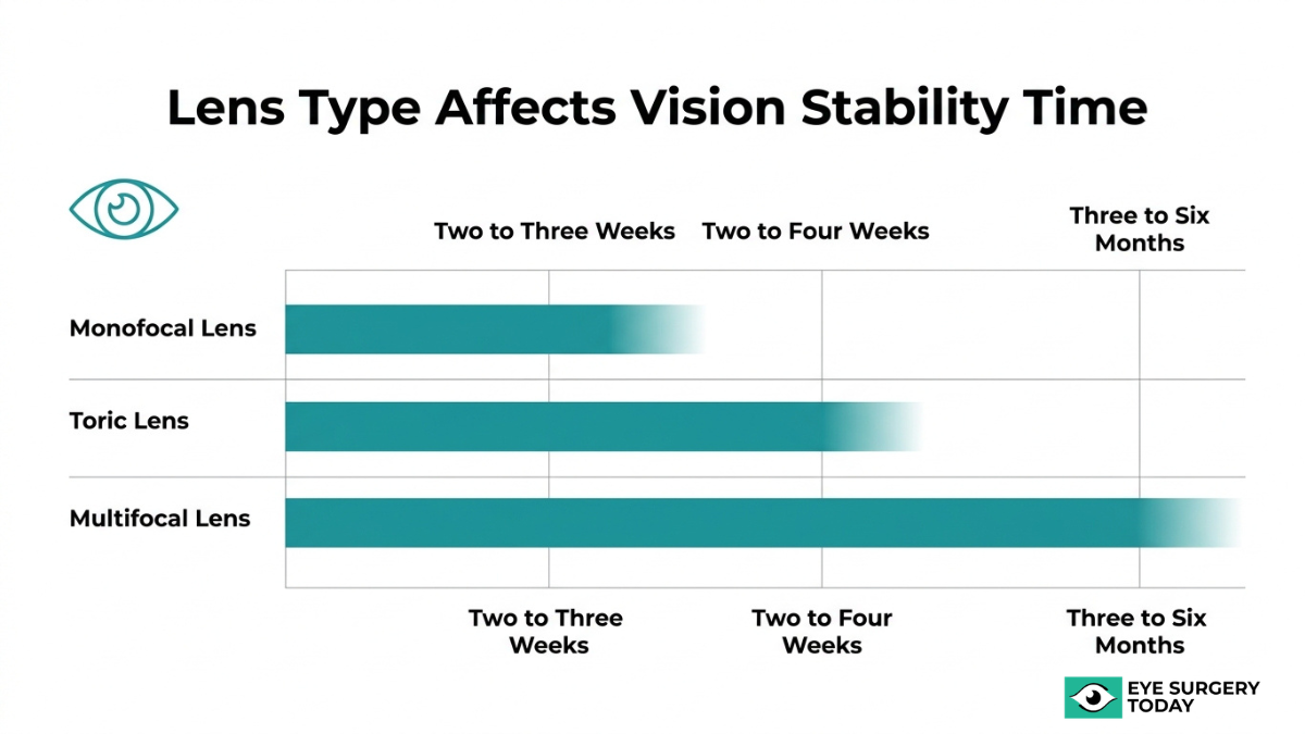 Comparison chart showing recovery time differences for monofocal, toric, and multifocal lenses after cataract surgery