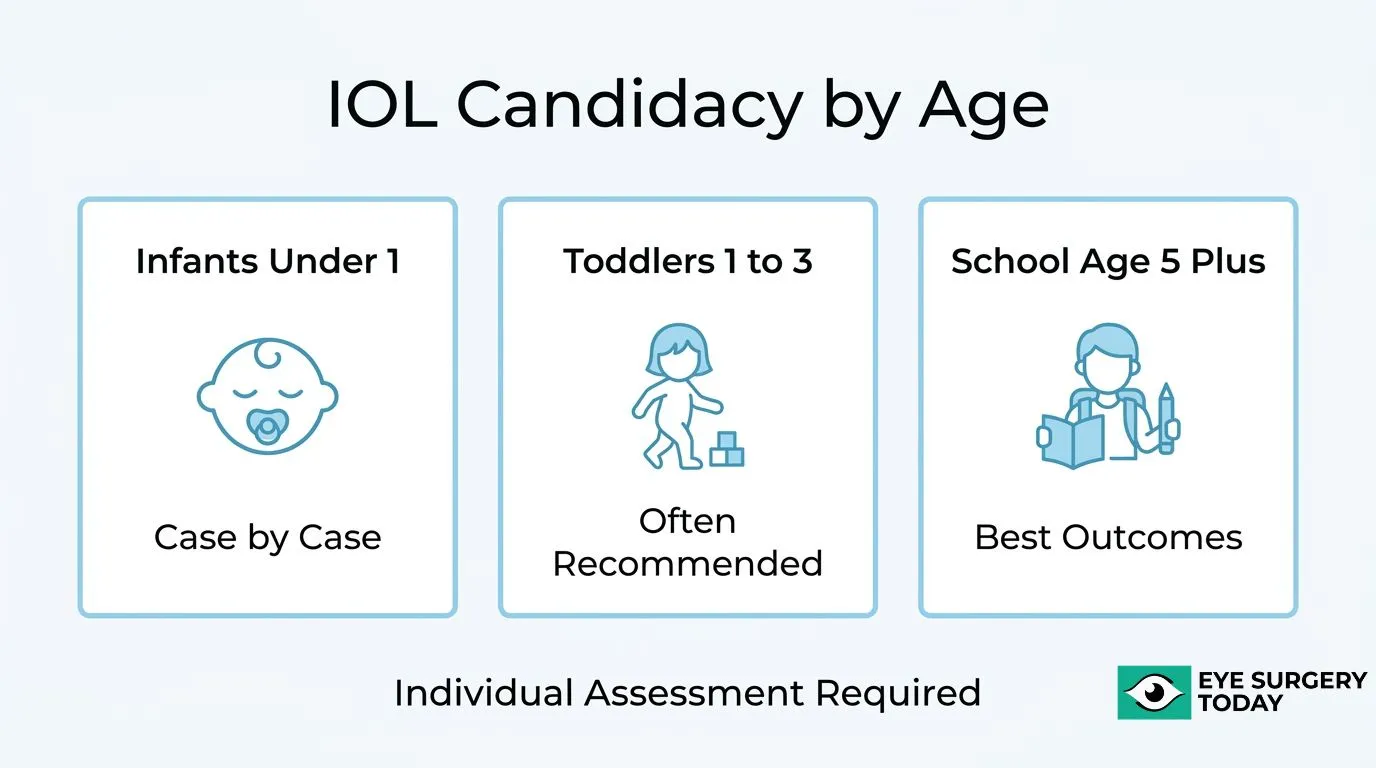 Pediatric IOL candidacy by age, showing case-by-case assessment for infants, frequent recommendation for toddlers, and favorable outcomes for school-age children.