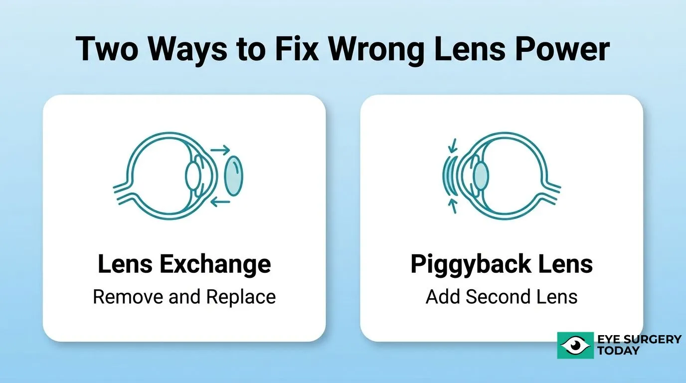 Comparison of IOL correction options showing lens exchange and piggyback lens procedures for incorrect lens power after cataract surgery