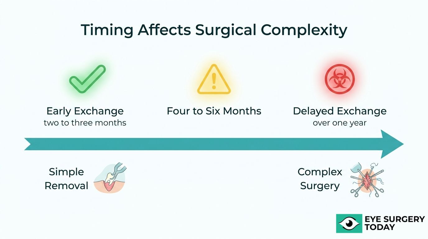 IOL exchange timing graphic showing how early exchange, four to six months, and delayed exchange affect surgical complexity.