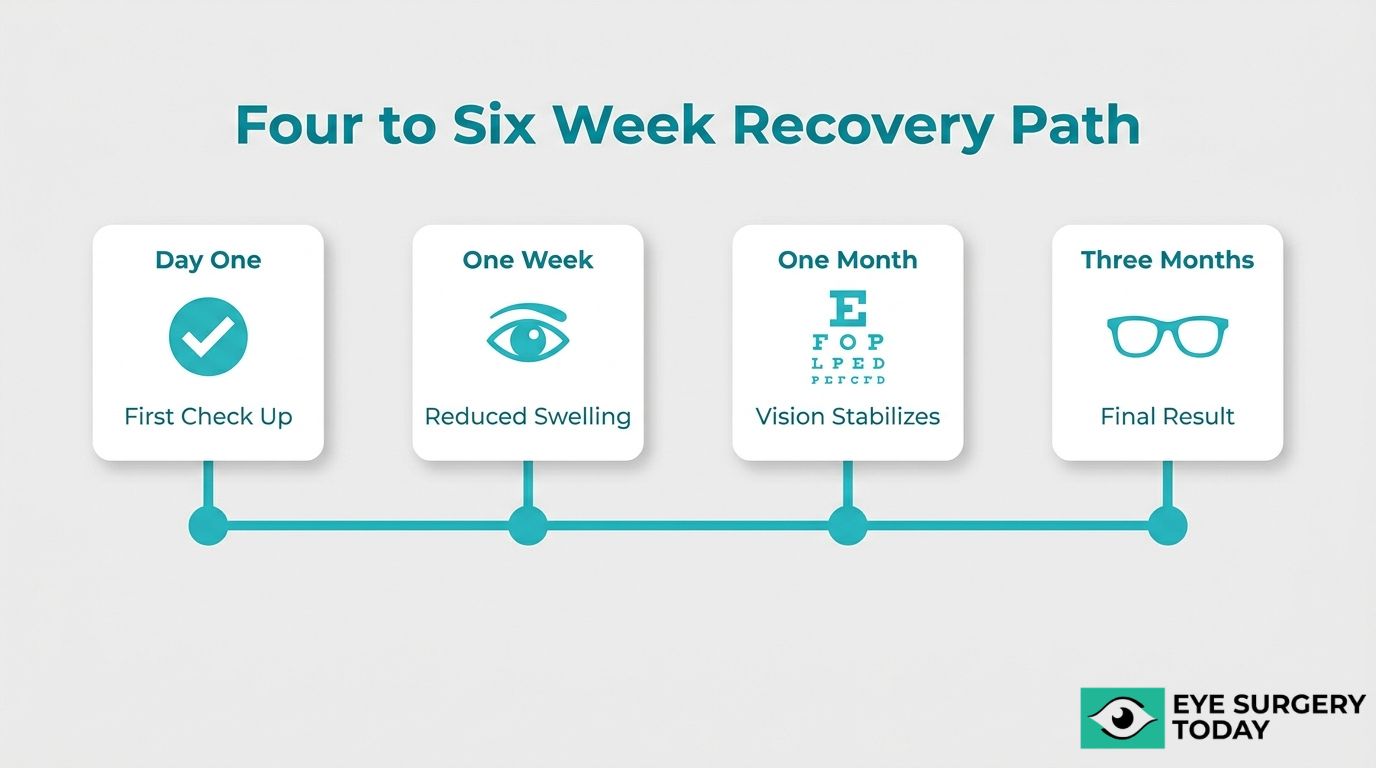 Four to six week recovery path graphic showing first check up, reduced swelling, vision stabilization, and final result milestones.