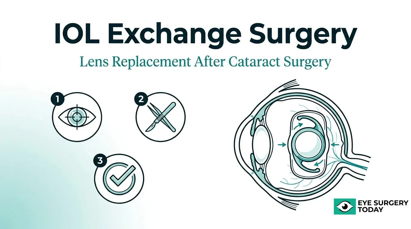 Illustration of IOL exchange surgery for replacing an intraocular lens after cataract surgery.