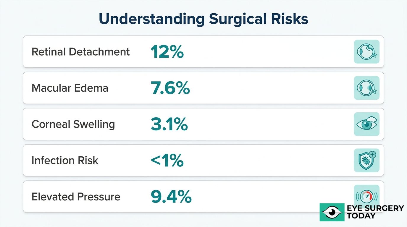Surgical risk chart showing retinal detachment, macular edema, corneal swelling, infection risk, and elevated eye pressure rates.