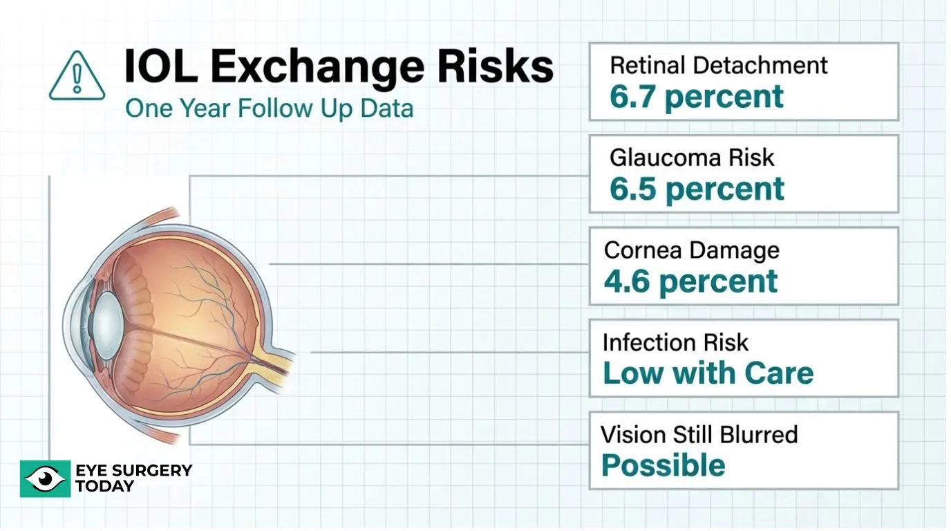 Infographic showing possible IOL exchange surgery risks, including retinal detachment, glaucoma, corneal damage, infection, and blurred vision.