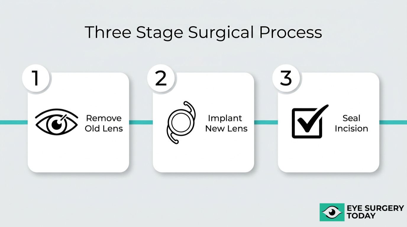 Three stage IOL exchange surgical process graphic showing old lens removal, new lens implantation, and incision sealing.