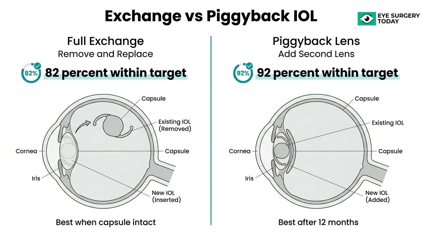 Comparison of IOL exchange and piggyback lens procedures for correcting vision after cataract surgery.