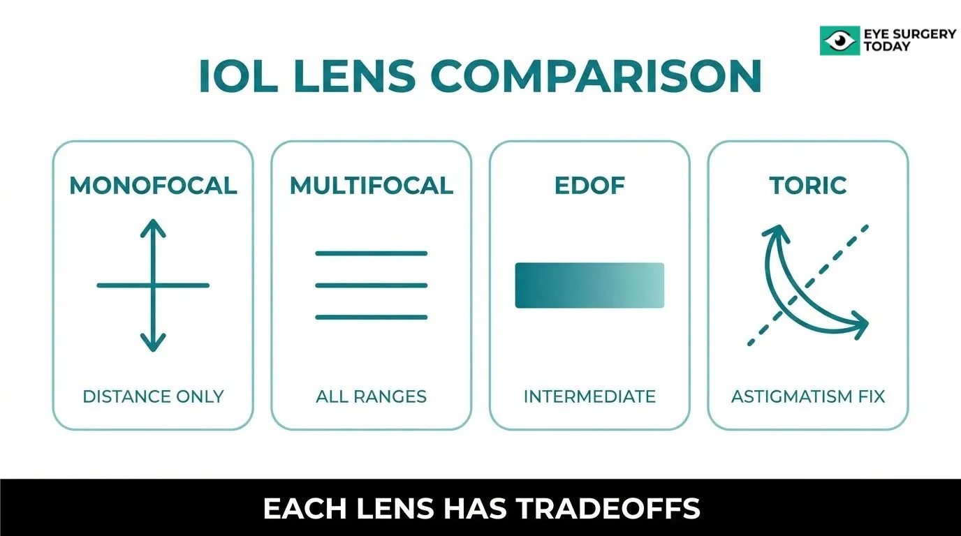 IOL lens comparison for cataract surgery showing monofocal for distance, multifocal for multiple ranges, EDOF for intermediate vision, and toric lenses for astigmatism