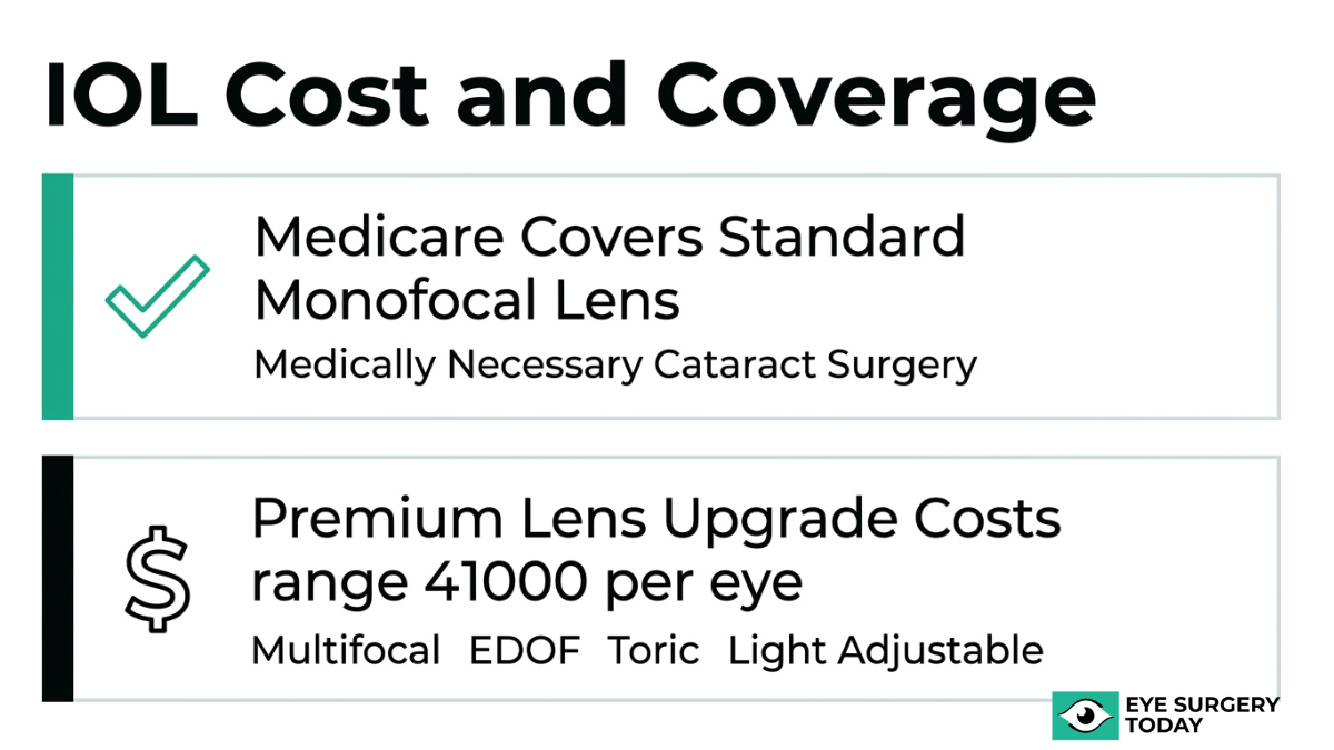 Intraocular lens cost and Medicare coverage chart showing standard monofocal lens covered and premium IOL upgrade costs per eye