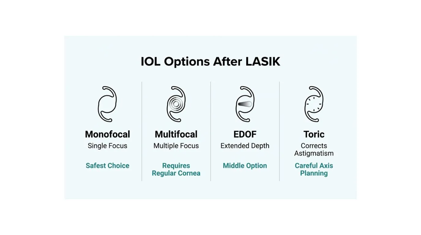 Comparison of IOL options after LASIK including monofocal, multifocal, EDOF, and toric lenses