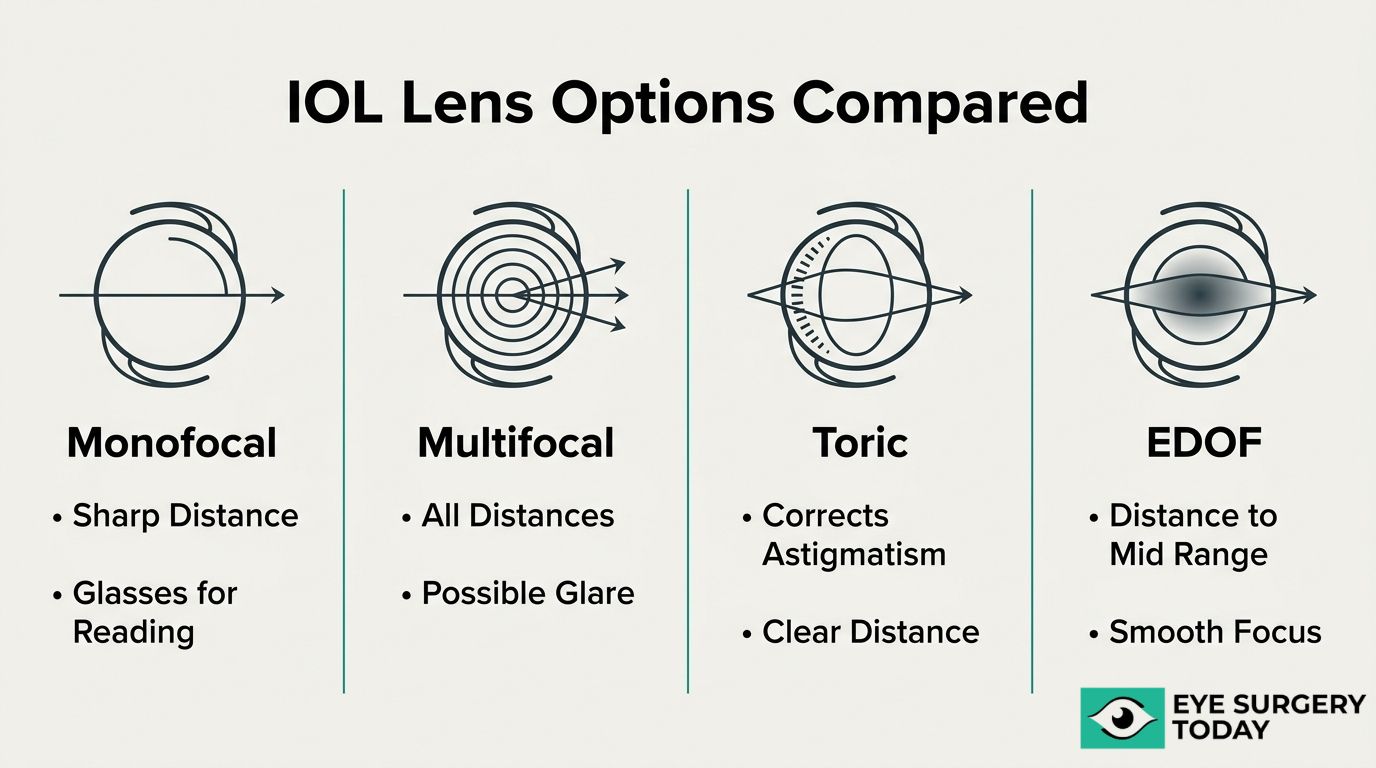 IOL lens options comparison graphic showing monofocal, multifocal, toric, and EDOF lens benefits.