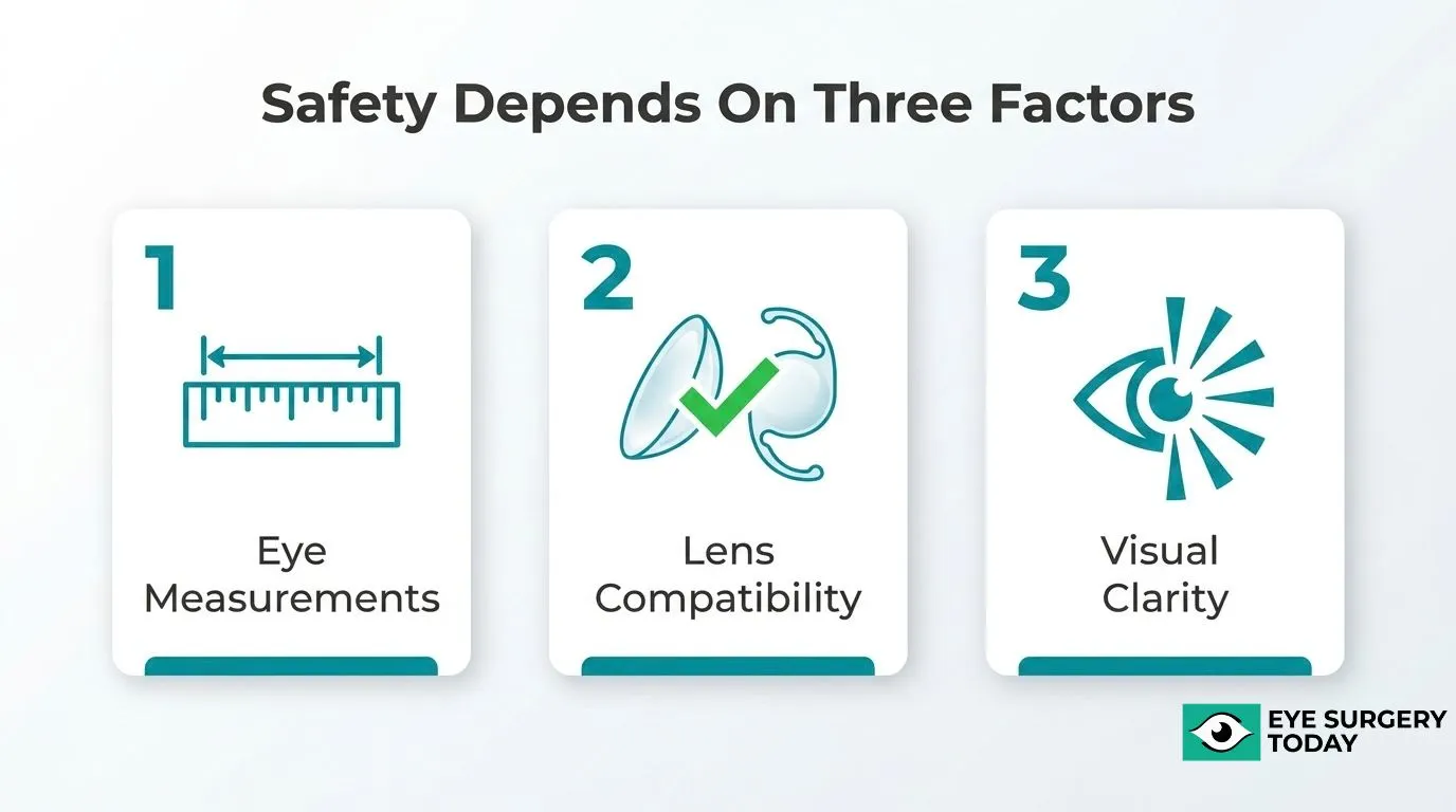 Three safety factors for mixing IOLs including accurate eye measurements, lens compatibility, and visual clarity