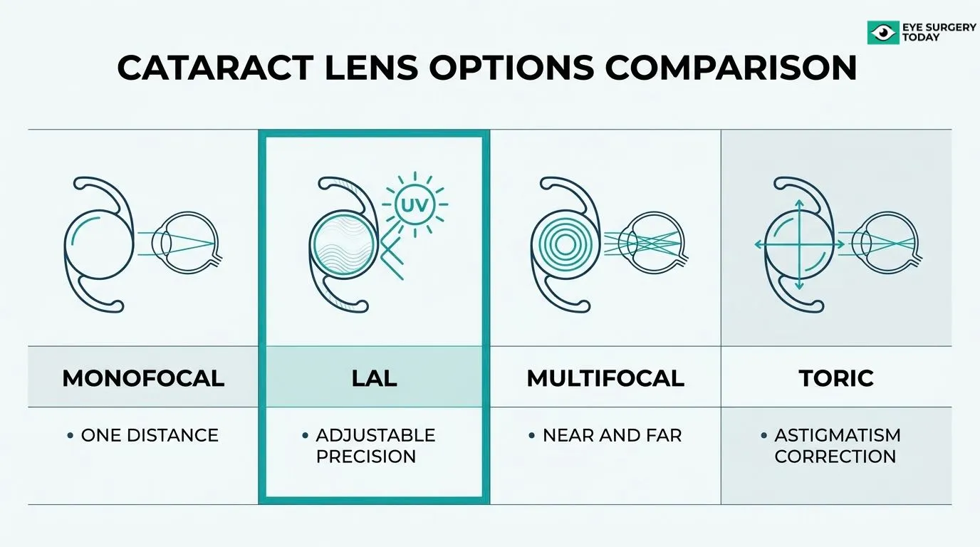 Comparison of cataract lens options including monofocal, light adjustable, multifocal, and toric lenses