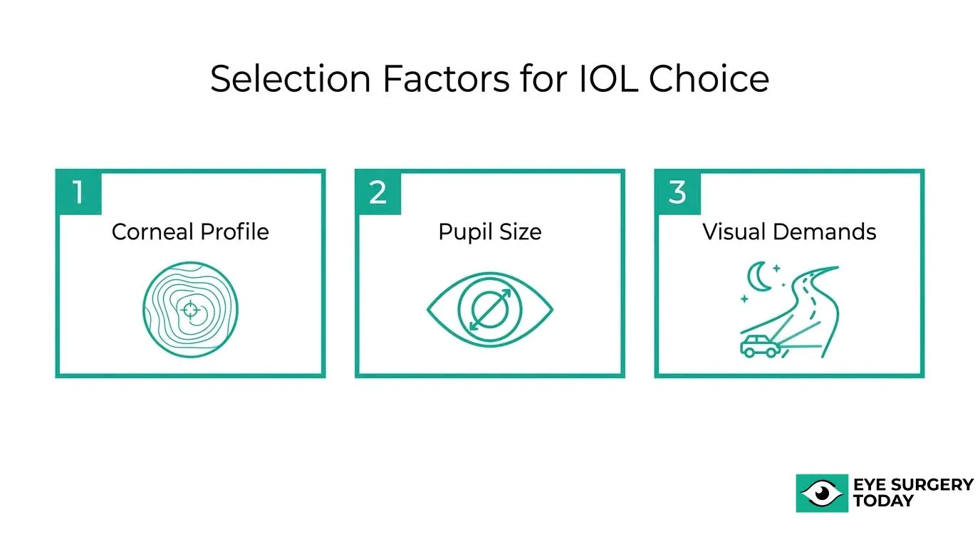 IOL selection factors including corneal profile, pupil size, and visual demands when choosing a cataract surgery lens