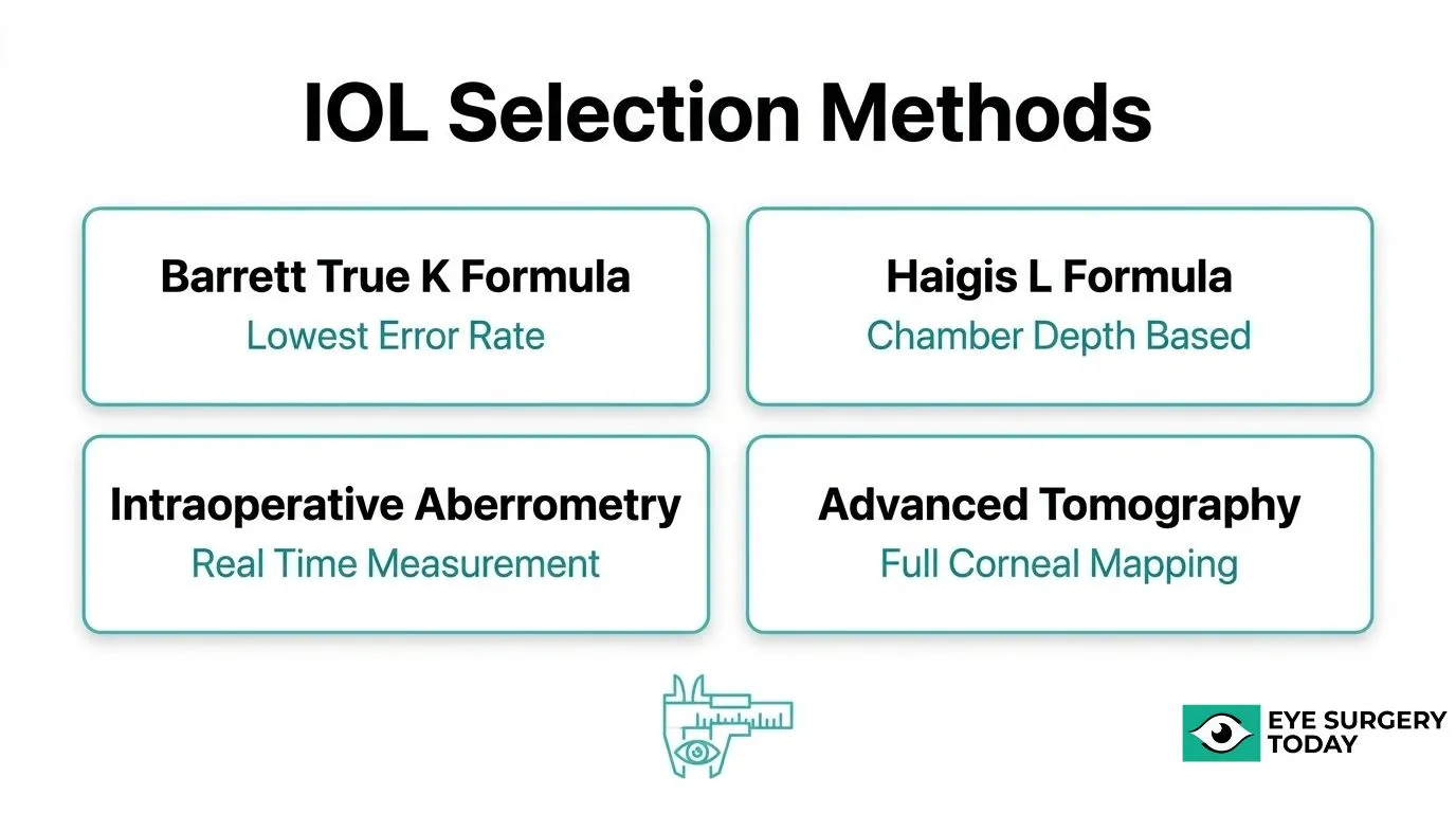 Overview of IOL power calculation methods after LASIK including Barrett True K, Haigis L, intraoperative aberrometry, and advanced tomography