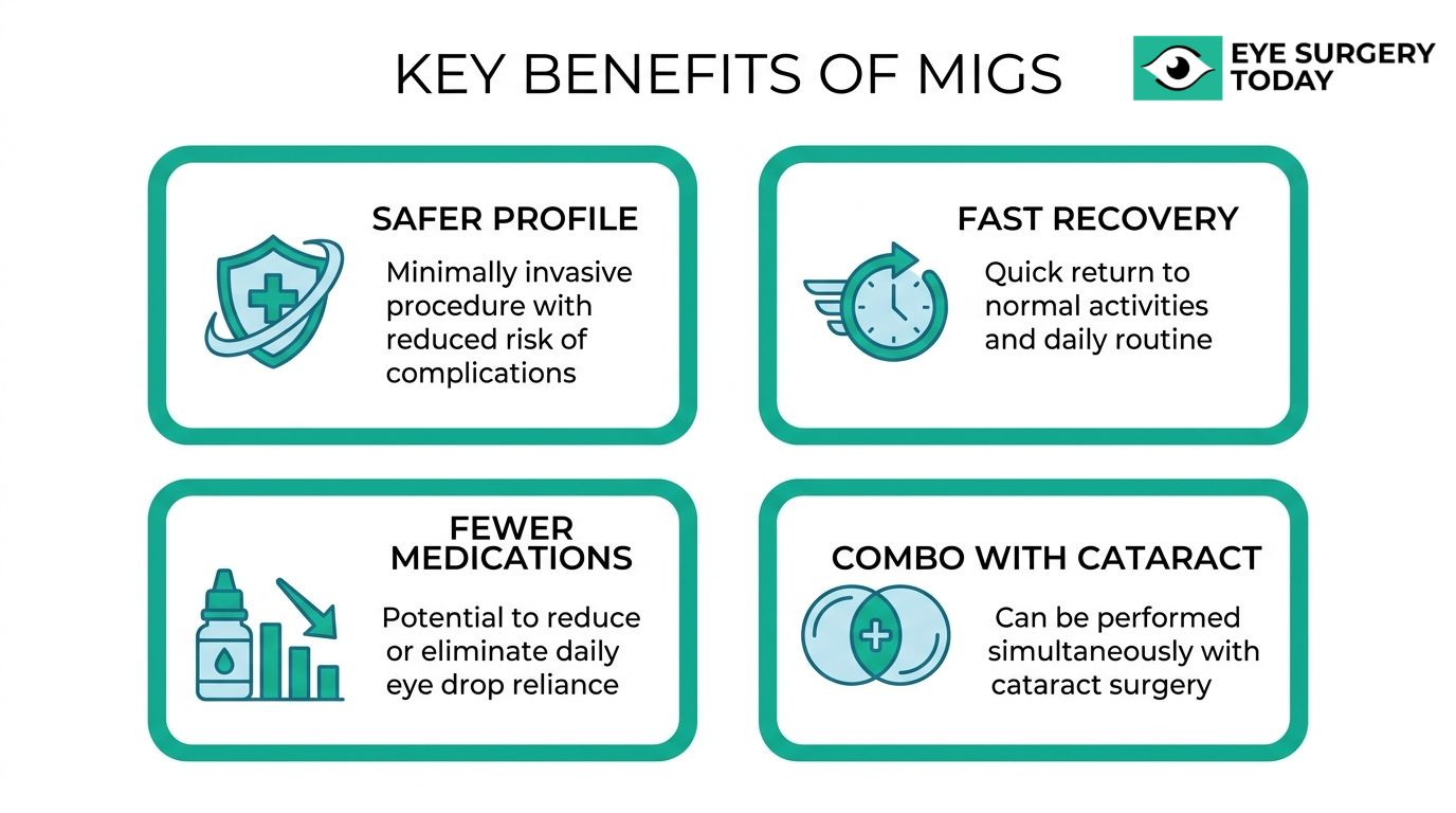 Key benefits of MIGS glaucoma surgery including safer profile, faster recovery, fewer medications, and combination with cataract surgery.