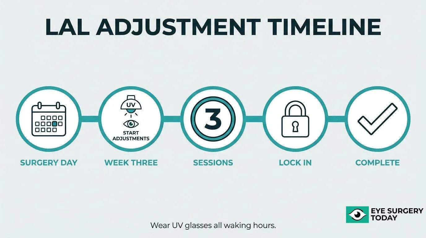 Light adjustable lens treatment timeline showing surgery day, adjustment sessions, lock-in, and treatment completion