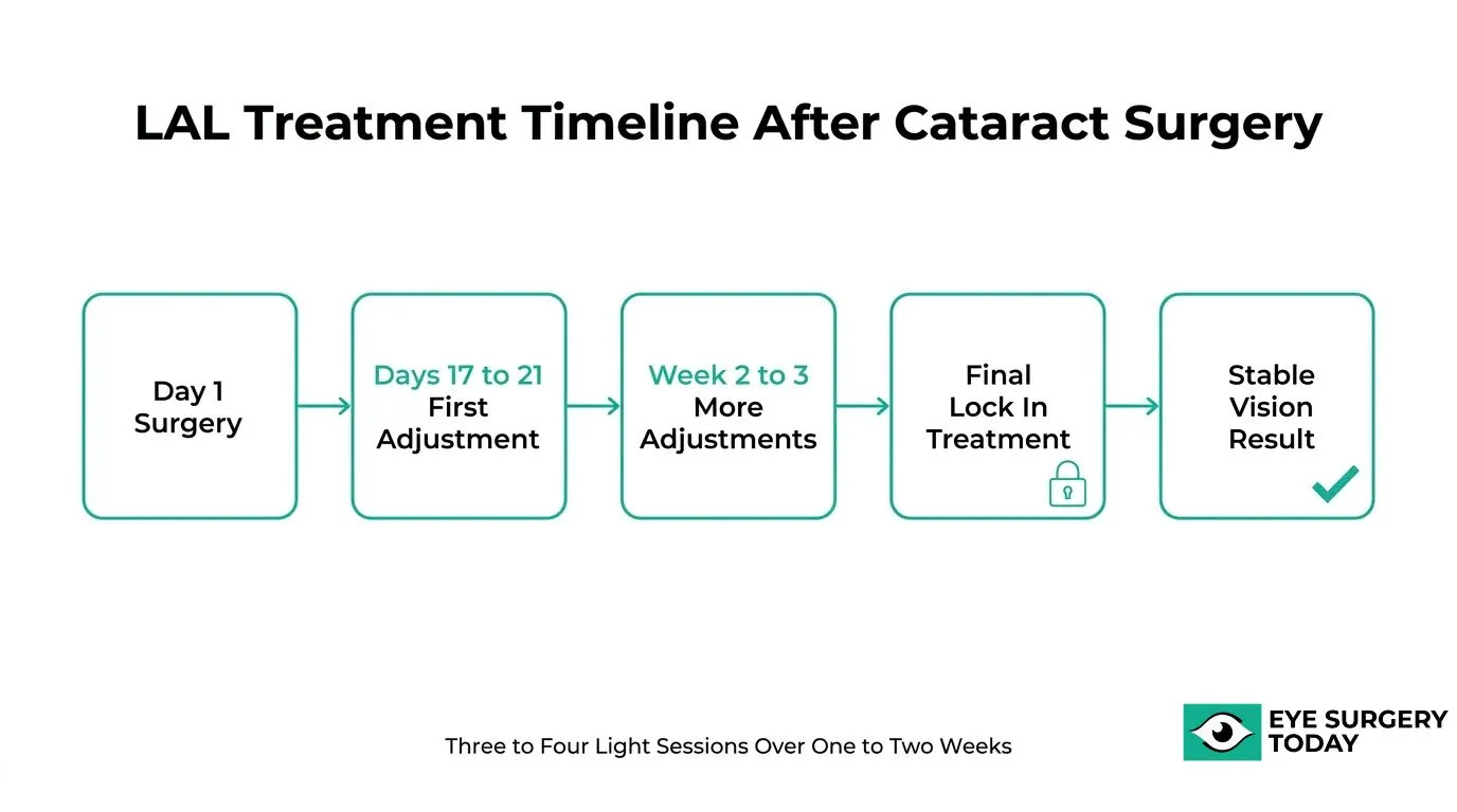 LAL treatment timeline after cataract surgery showing lens adjustment sessions, final lock-in treatment, and stable vision results
