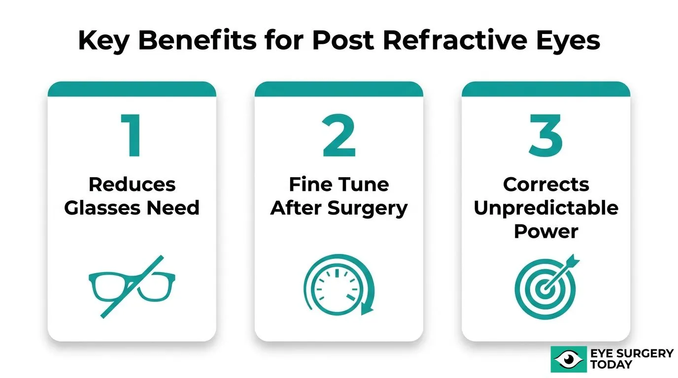 Benefits of Light Adjustable Lenses for post-refractive cataract patients, including reduced need for glasses, postoperative fine-tuning, and correction of unpredictable lens power.