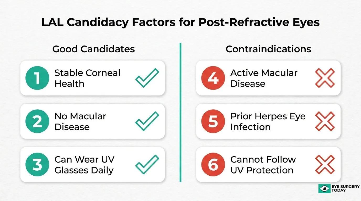 LAL candidacy checklist for post-refractive eyes showing suitable candidates and contraindications after LASIK, PRK, or RK