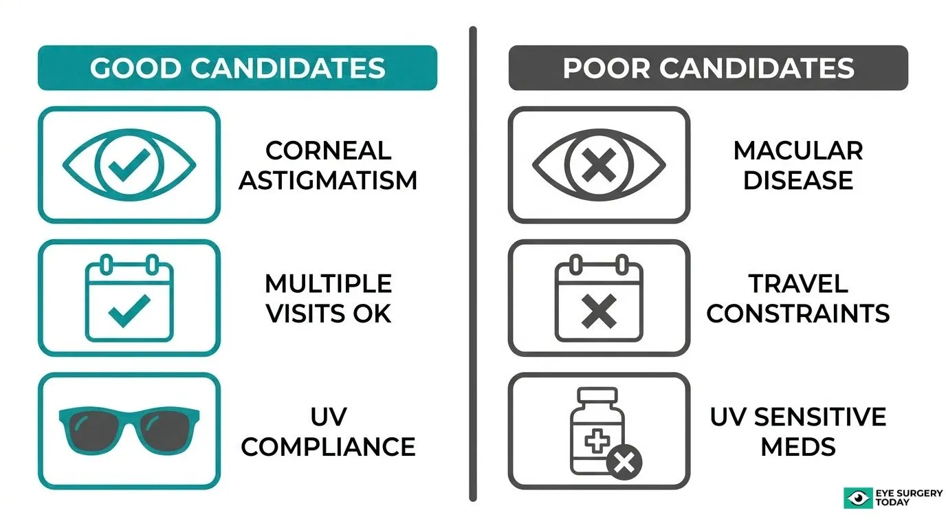 Comparison of potential LAL candidates based on corneal astigmatism, ability to attend multiple visits, UV compliance, eye health, and medication considerations