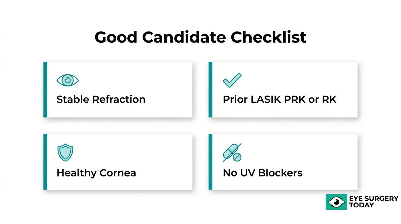 Light Adjustable Lens candidate checklist including stable refraction, prior LASIK, PRK or RK, healthy cornea, and no UV-blocking medications.