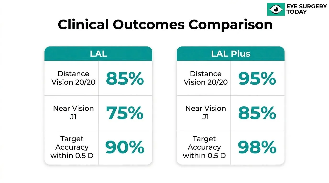 Clinical outcomes comparison between LAL and LAL Plus light adjustable lenses showing vision and accuracy measurements