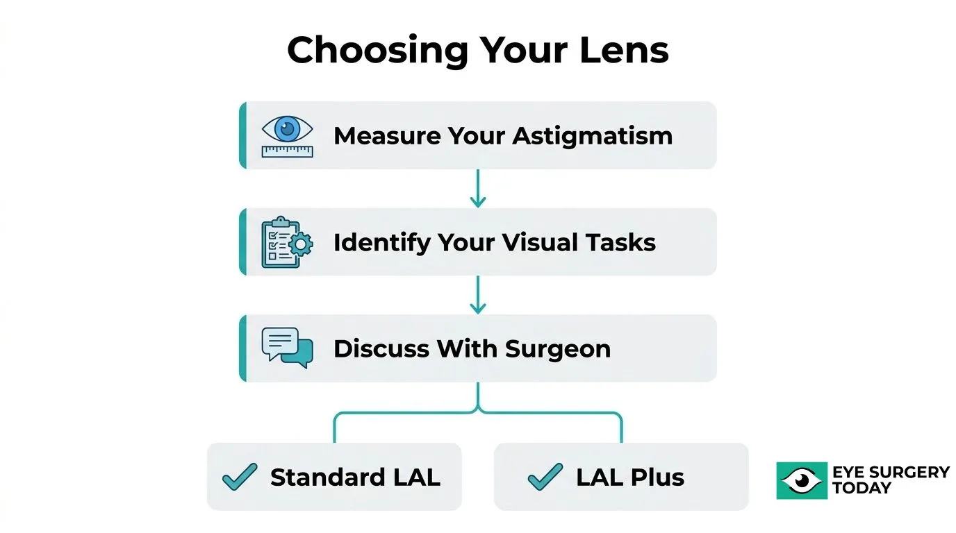Patient guide showing factors for choosing between LAL and LAL Plus lenses based on astigmatism, visual needs, and surgeon consultation