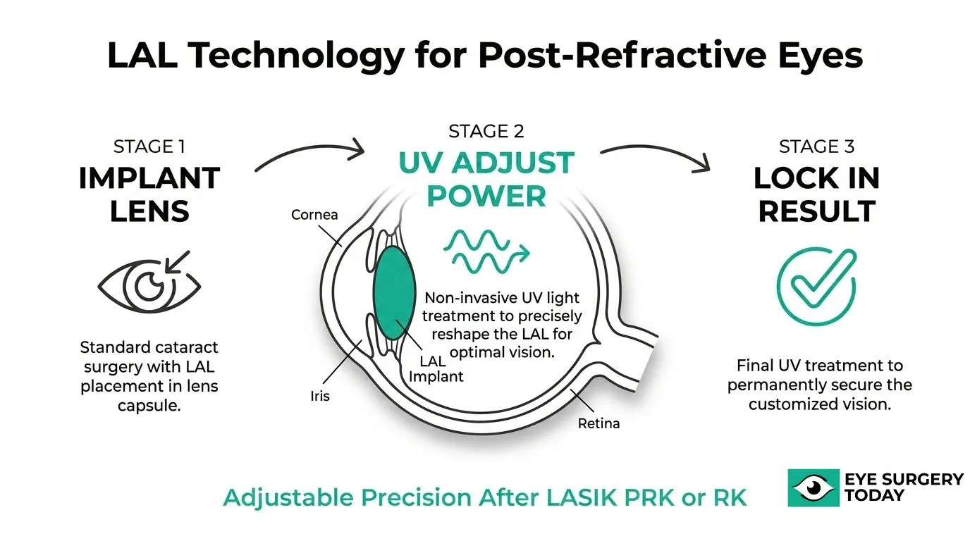 Light adjustable lens technology for post-refractive eyes showing lens implantation, UV power adjustment, and final vision lock-in process