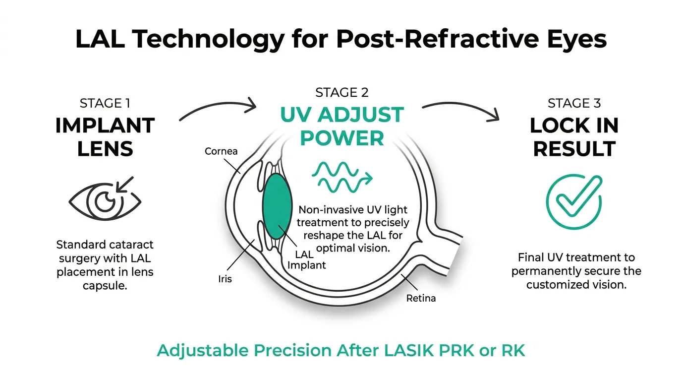 Light Adjustable Lens technology stages for post-refractive eye vision correction.
