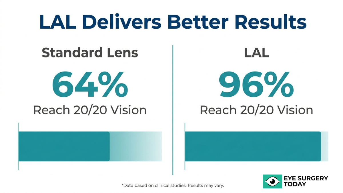 Comparison showing light adjustable lens achieving higher 20/20 vision rates than standard cataract lenses based on clinical data