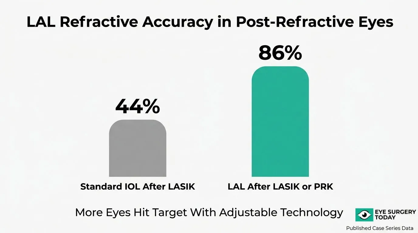 Comparison of LAL and standard IOL accuracy in post-refractive eyes showing improved refractive outcomes with adjustable lens technology