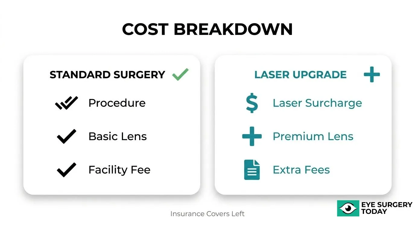 Cost comparison of standard cataract surgery and laser-assisted surgery showing procedure, lens, facility, laser, and additional fees