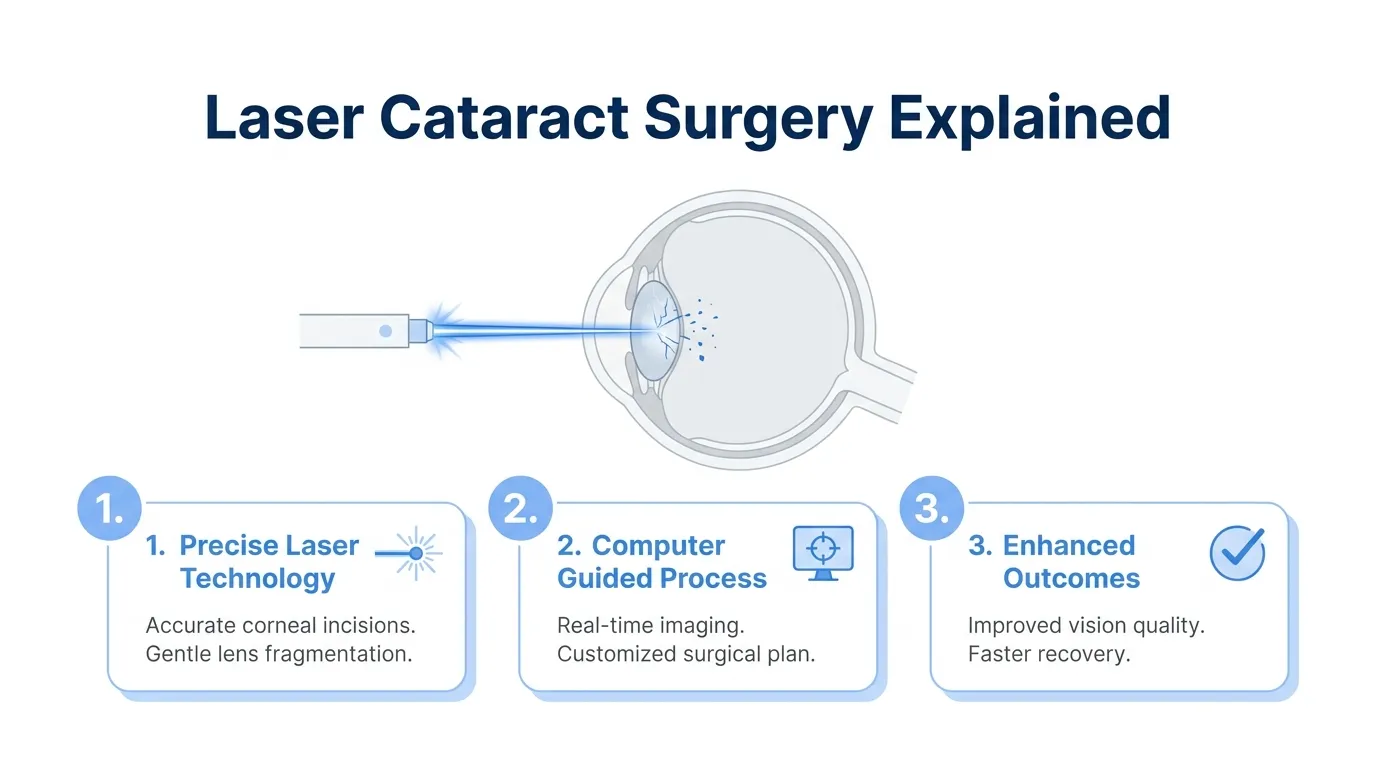 Laser cataract surgery diagram showing precise laser technology, a computer-guided process, and improved visual outcomes with faster recovery.