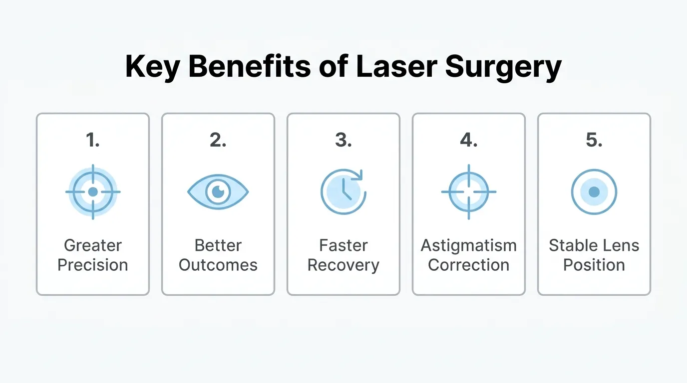 Key benefits of laser cataract surgery, including greater precision, better visual outcomes, faster recovery, astigmatism correction, and stable lens positioning.