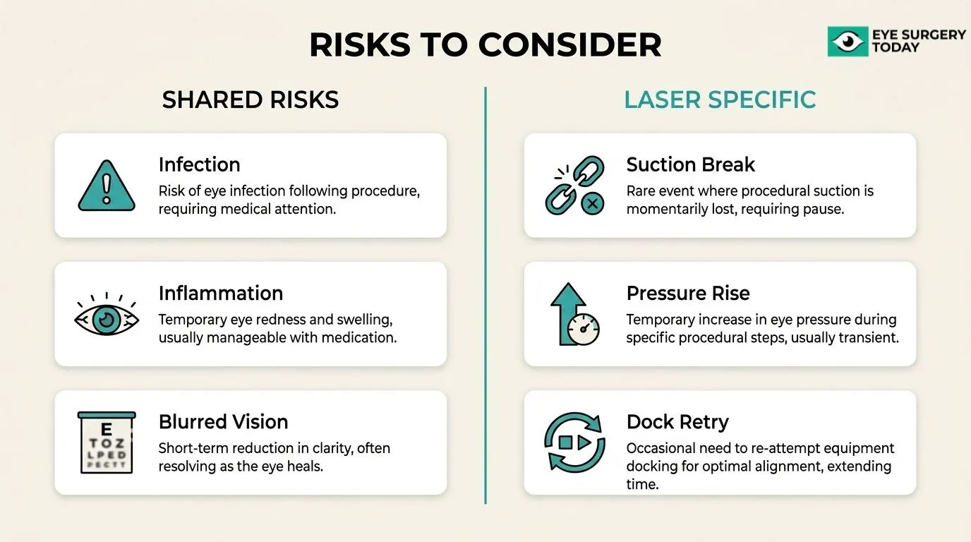 Comparison of shared and laser-specific risks associated with laser cataract surgery, including infection, inflammation, blurred vision, suction break, pressure rise, and docking retry