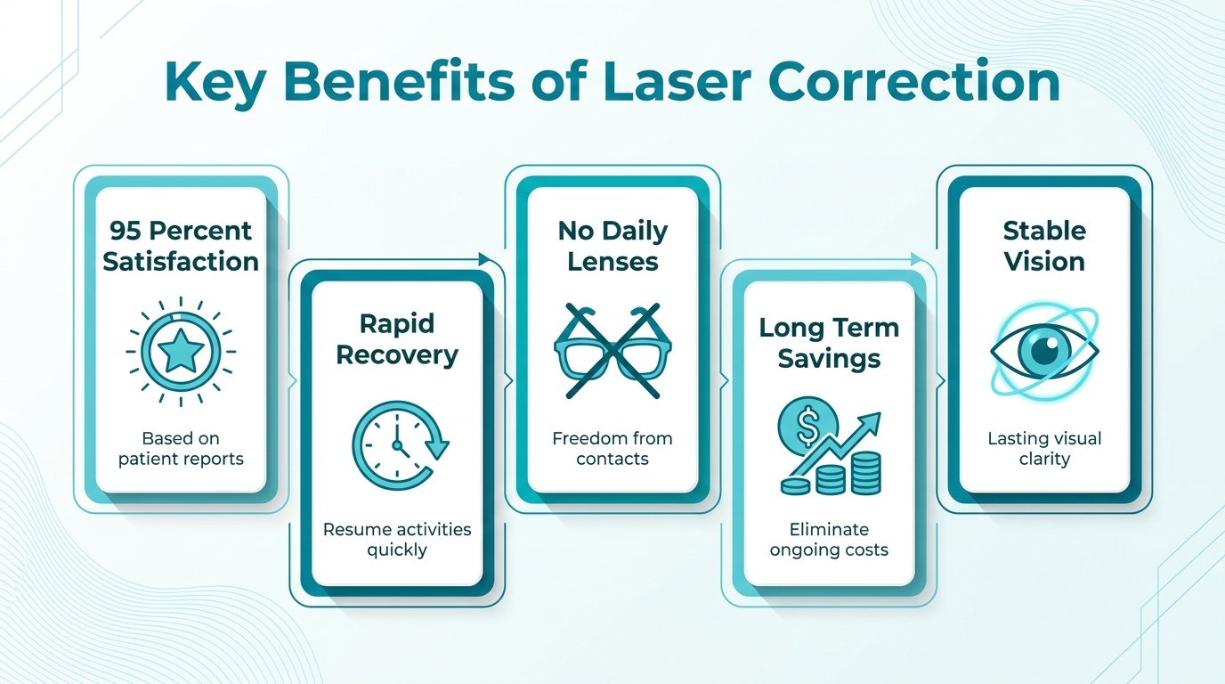 Key benefits of laser eye correction, including high patient satisfaction, rapid recovery, reduced need for lenses, long-term savings, and stable vision.