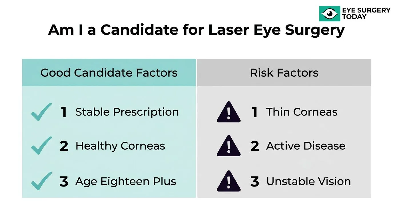 Laser eye surgery candidacy checklist comparing stable prescription, healthy corneas, and age 18 or older with risks such as thin corneas, active disease, and unstable vision.