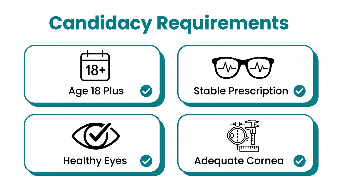 Laser eye surgery candidacy requirements, including age 18 or older, stable prescription, healthy eyes, and adequate corneal thickness.