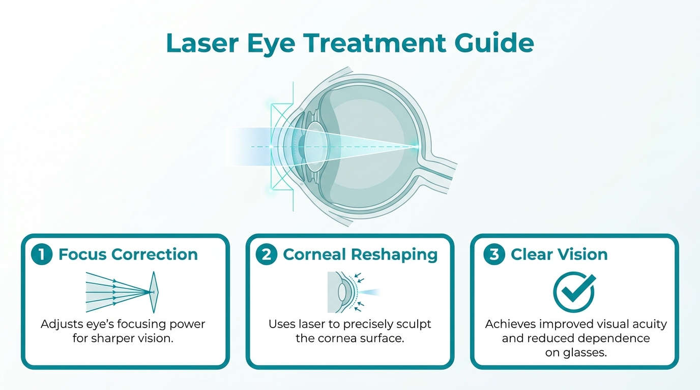 Laser eye treatment diagram showing focus correction, corneal reshaping, and improved vision with reduced dependence on glasses.
