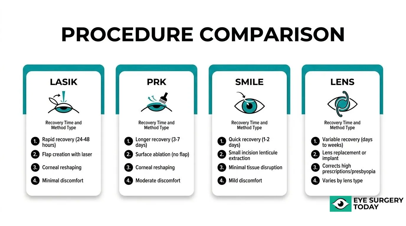 Comparison of LASIK, PRK, SMILE, and lens-based refractive surgery procedures with recovery times and treatment differences.