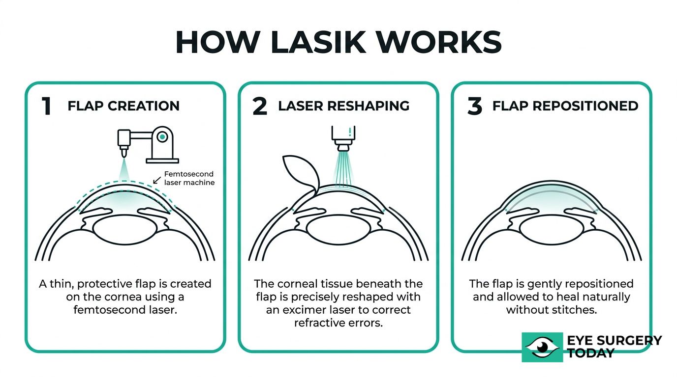 LASIK procedure graphic showing flap creation, laser reshaping, and flap repositioning steps.