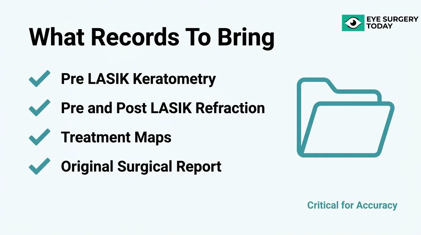 Checklist of LASIK records to bring for cataract surgery including pre-LASIK keratometry, refraction records, treatment maps, and surgical reports